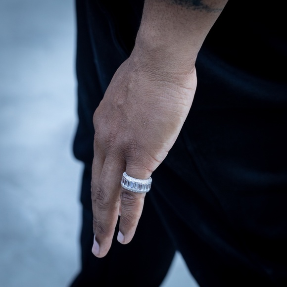 Men's ​White Gold Plated Fully Iced  Cz Hip Hop Baguette Pinky Statement Ring - Picture 2 of 4